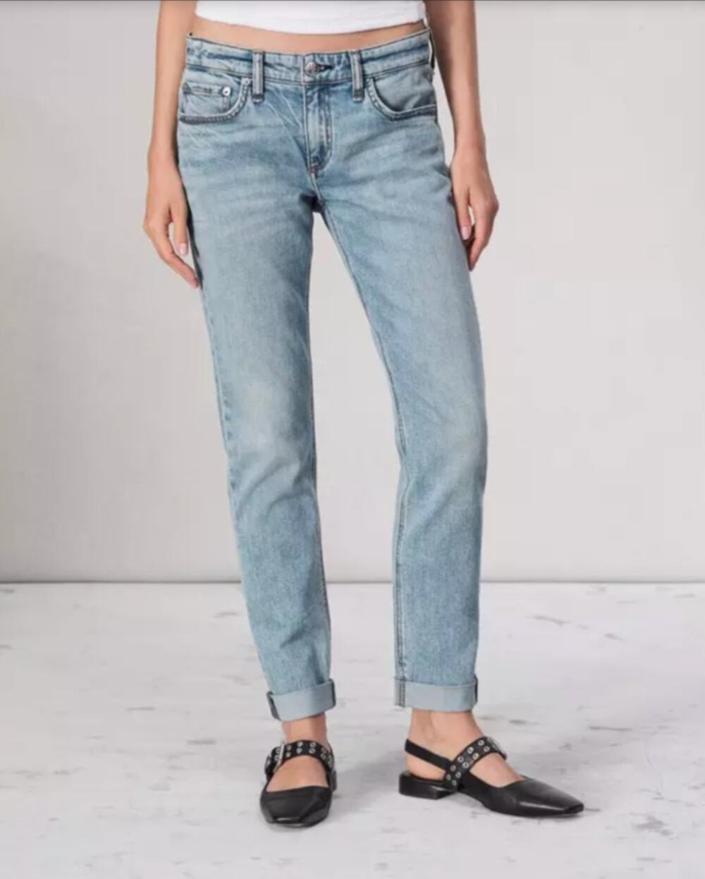 Rag & Bone Dre Slim Blue Boyfriend Jeans Cotton Denim Cuff Hem Skinny Leg Sz 24